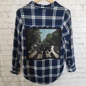 Upcycled Beatles Plaid Shirt M Blue Black White
